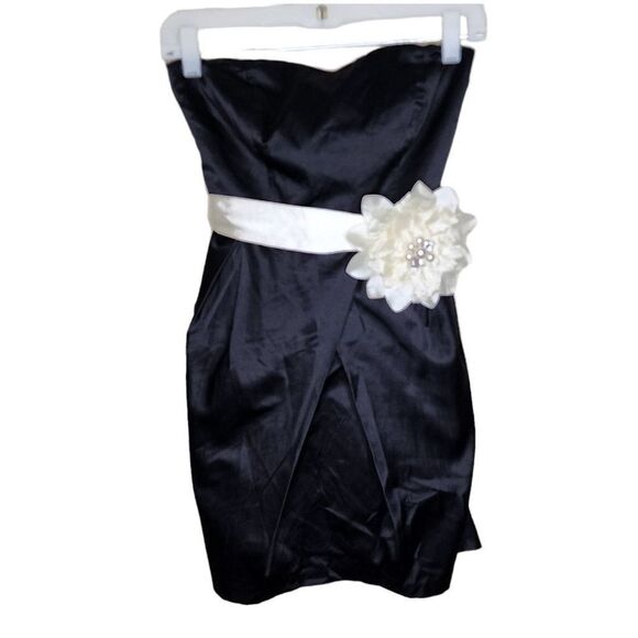 Vintage Y2K Strapless Mini Cocktail Dress Flower Bow Womens Size 5 Black Satin - Picture 1 of 6